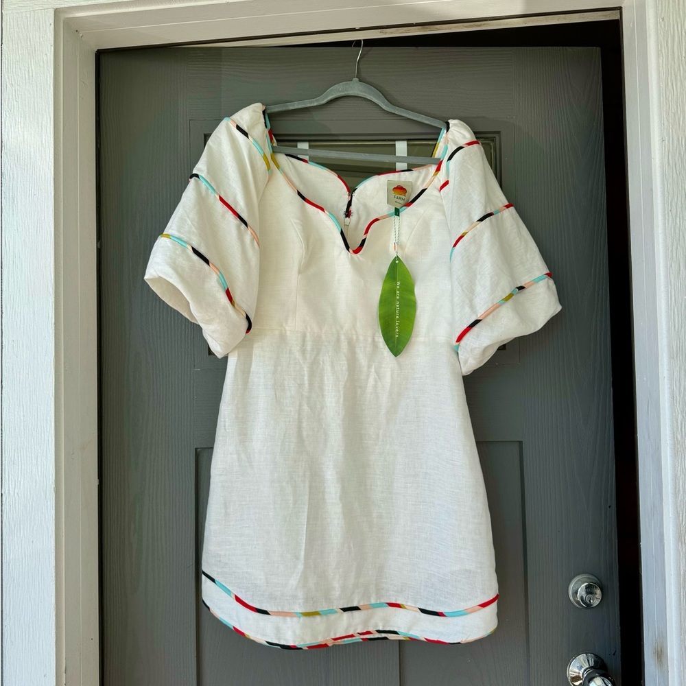 Farm Rio White colored stripes short sleeve mini dress, size L. Brand new